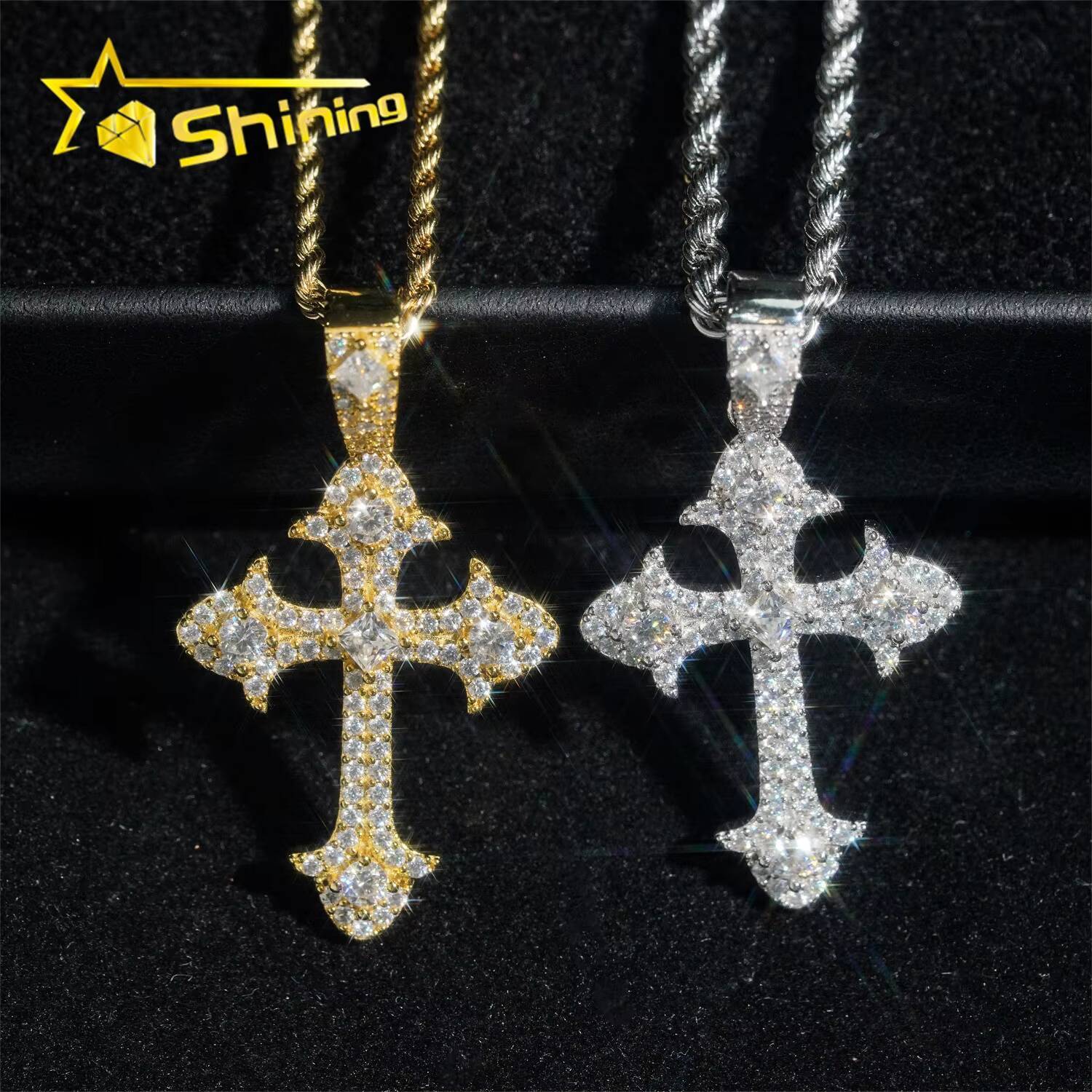 48H Fast Shipping Free Rope Chain Pass Diamond Tester Hip Hop Jewelry 925 Sterling Silver VVS Moissanite Diamond Cross Pendant