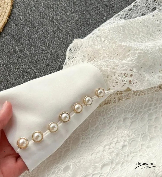 Summer Casual Dresses Vintage Flower Embroidery Hollow Out Lace White Dress Womens Stand ddmyday Collar Long Lantern Sleeve Pearls Buttons Party Vesti