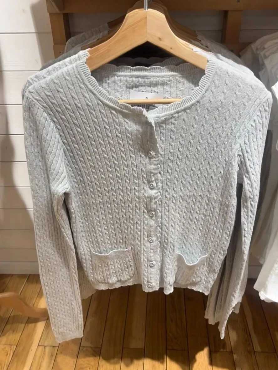 Pockets Twist Flower Knitted Sweater Cardigan ONeck Single Breasted Long Sleeve Slim Sweaters Vintage Streetwear Gray Crop Tops Z250905