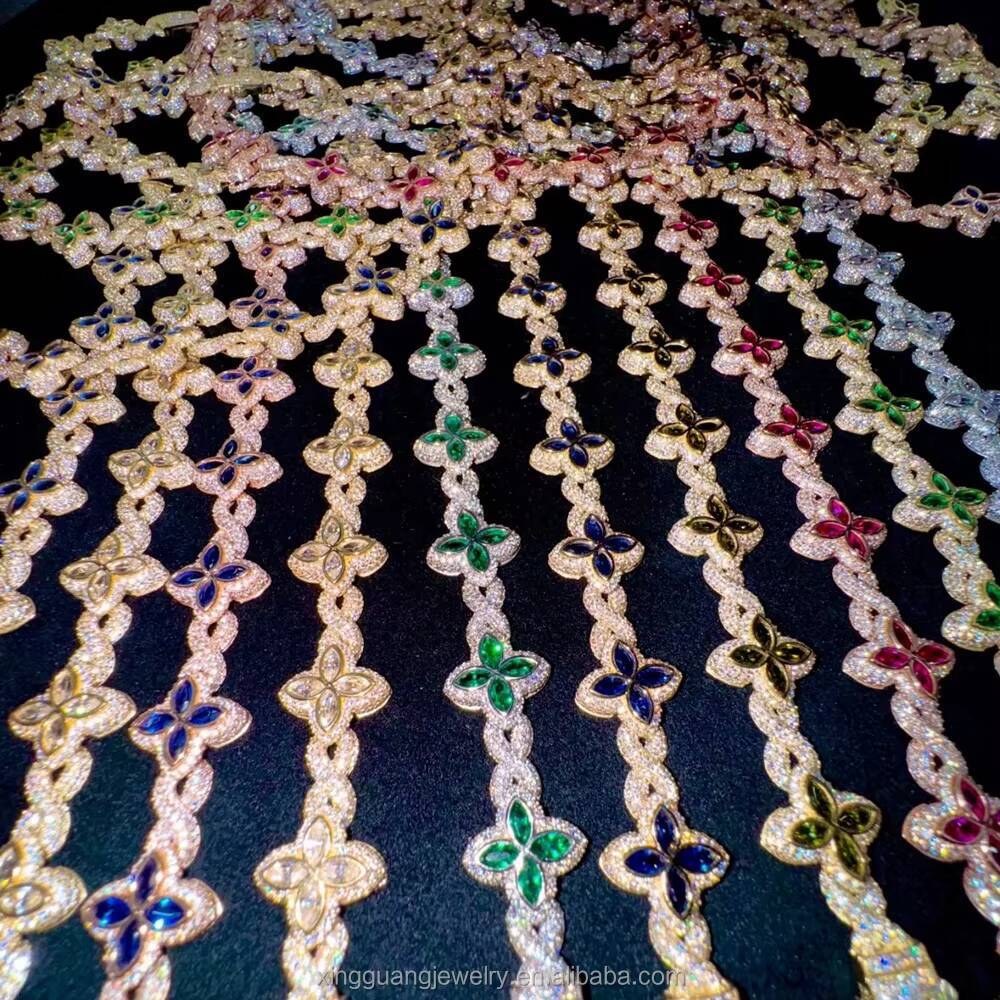 15MM 925 Sterling Silver Cuban Clover Bracelets Iced Out Hip Hop Infinity Colored Moissanite Cuban Bracelet