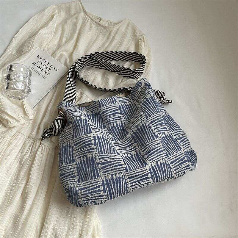 Underarm Forest Style Canvas Trendy Striped Shoulder Office Commute Large Capacity Women's Shopping Bag