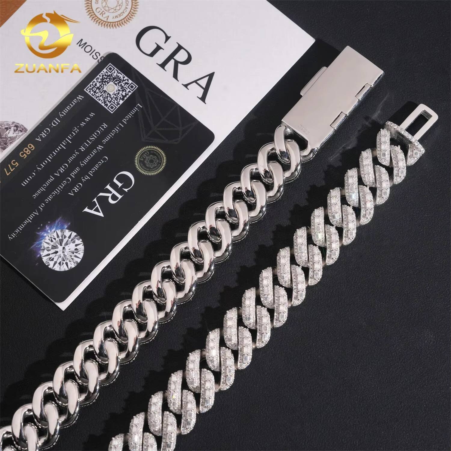 Hip Hop Jewelry 18mm Width Solid Heavy Baguette Diamond Iced Out 925 Sterling Silver Cuban Link Chain