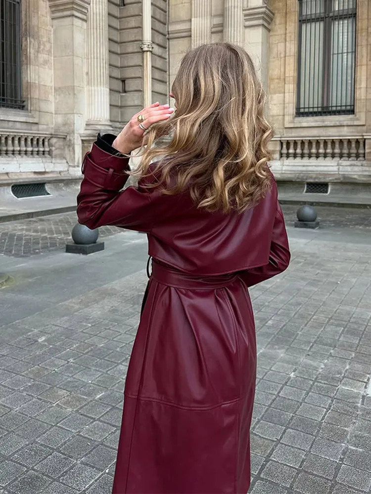 Chic Faux Leather Long Trench Coat For Women Fashion Lapel Full Sleeve Jacket With Belt Lady 2025 Fall Winter Elegant Outerwear 250905
