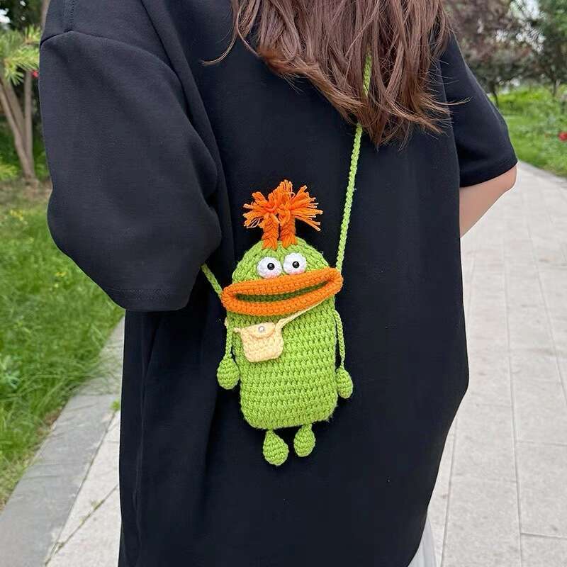 Crochet Yarn Sausage Mouth Phone Finished Handmade Knitted Cute Ugly Crossbody Bag for Women and Children Coin Purse