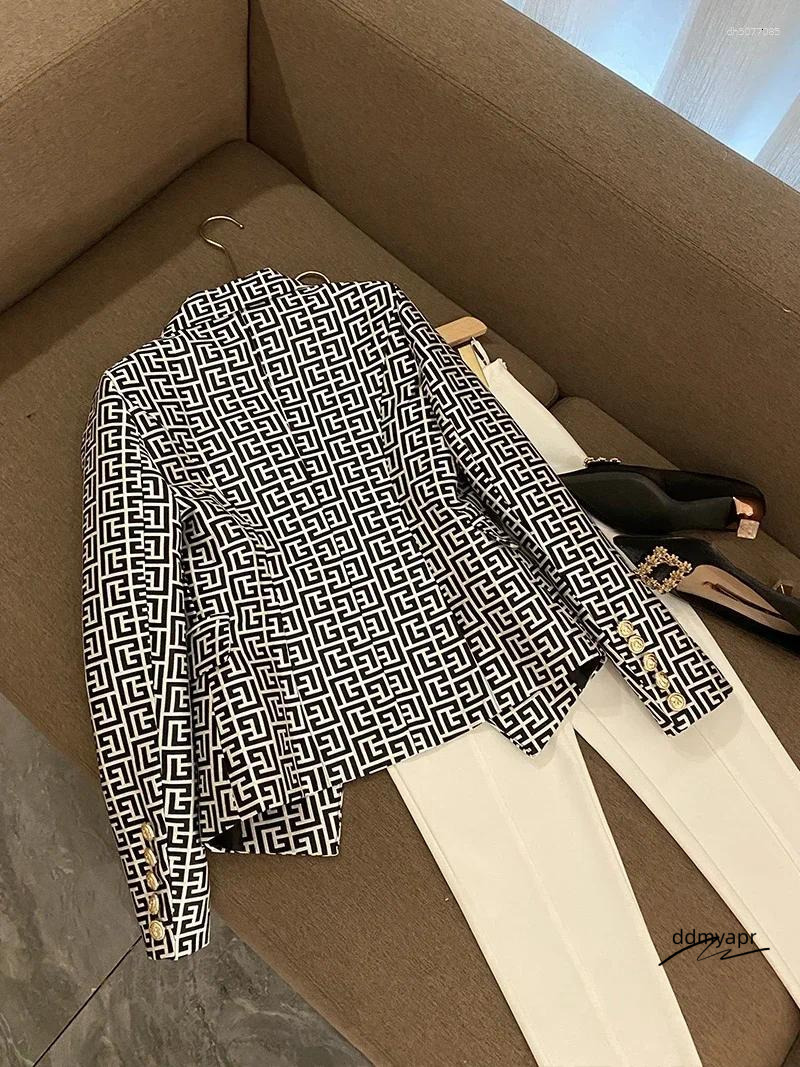 Women's Blouses France Fashion Double Breasted Pink Geometric Jacquard Slim Suit Jacket Vintage Aesthetic ddmyday Office Lady Formal Coats ddmyda