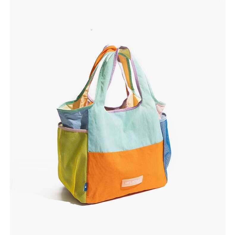 Niche Large Capacity Mommy Dopamine Color Block Tote Bag Lightweight Foldable Eco-friendly Storage Shopping Handbag