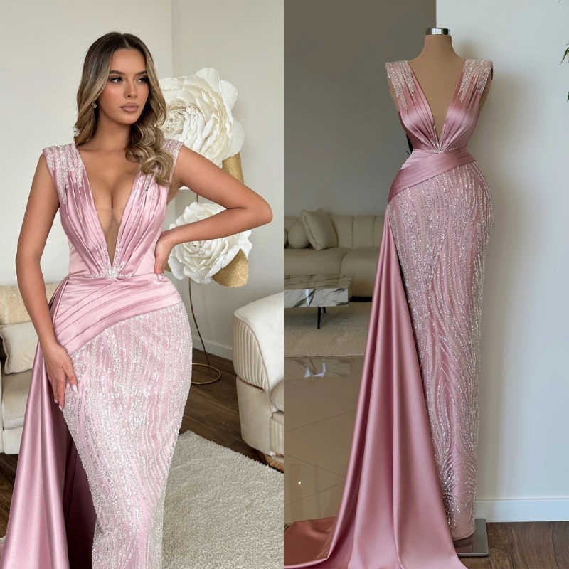 Charming Mermaid Evening Dresses for Women Pleat V-neck Crystal Sequins With Satin Side Tail Sleeveless Prom Party Customized