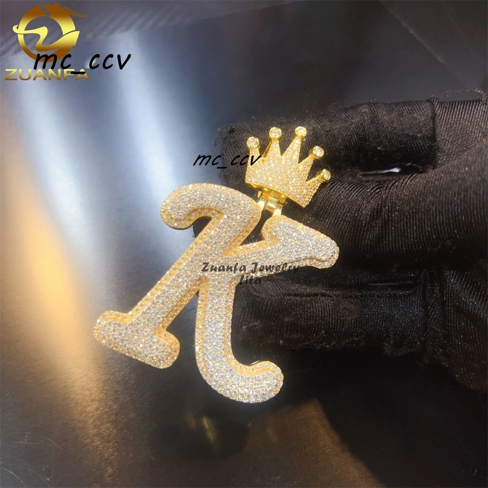 Wholesale Price Hip Jewelry Iced Out Silver Crown Bail Initial Letter K Mens Vvs Moissanite Custom Name Pendant