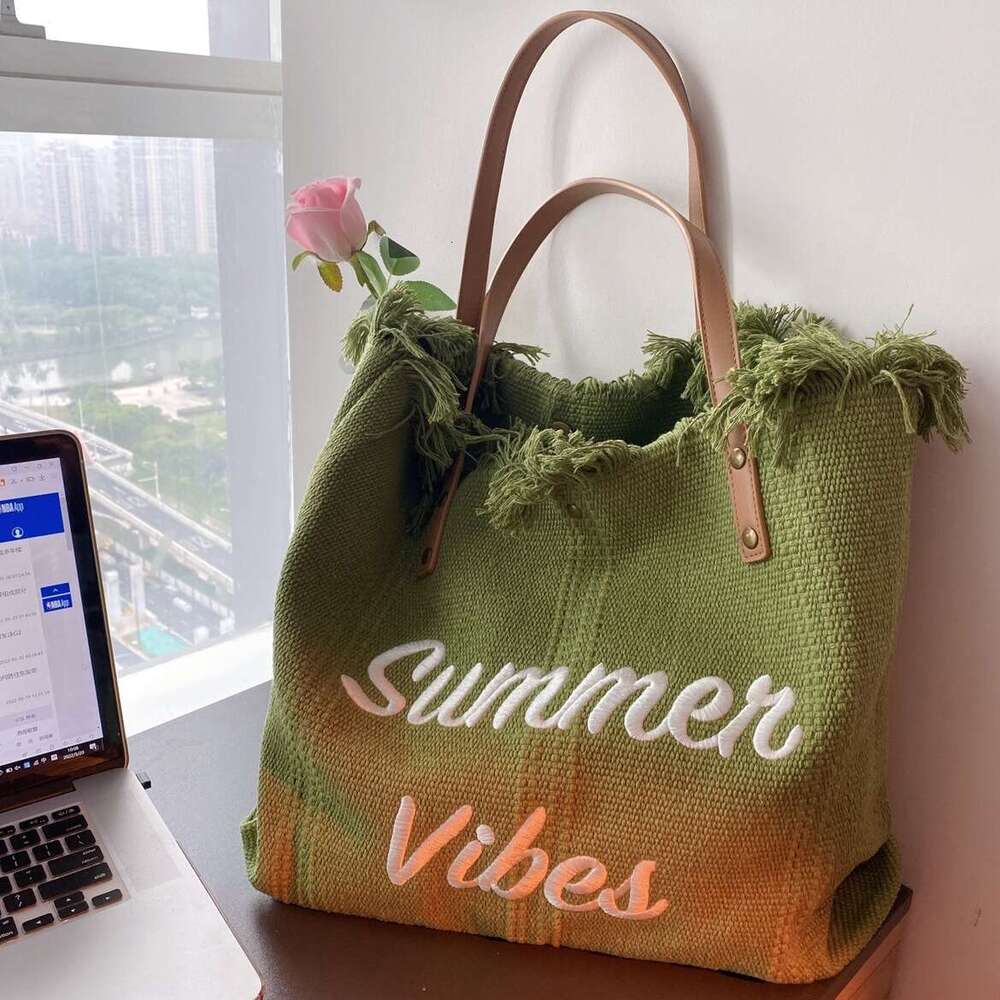 Large Capacity Canvas Embroidered Letter Tote Handbag Women's Woven Beach Shoulder Bag Bags