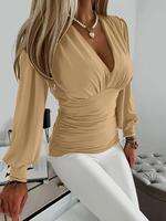 Solid Ruched Deep V Neck Blouse, Casual Long Sleeve Top Spring & Fall, Women's Clothes for Daily Wear, Womenswear