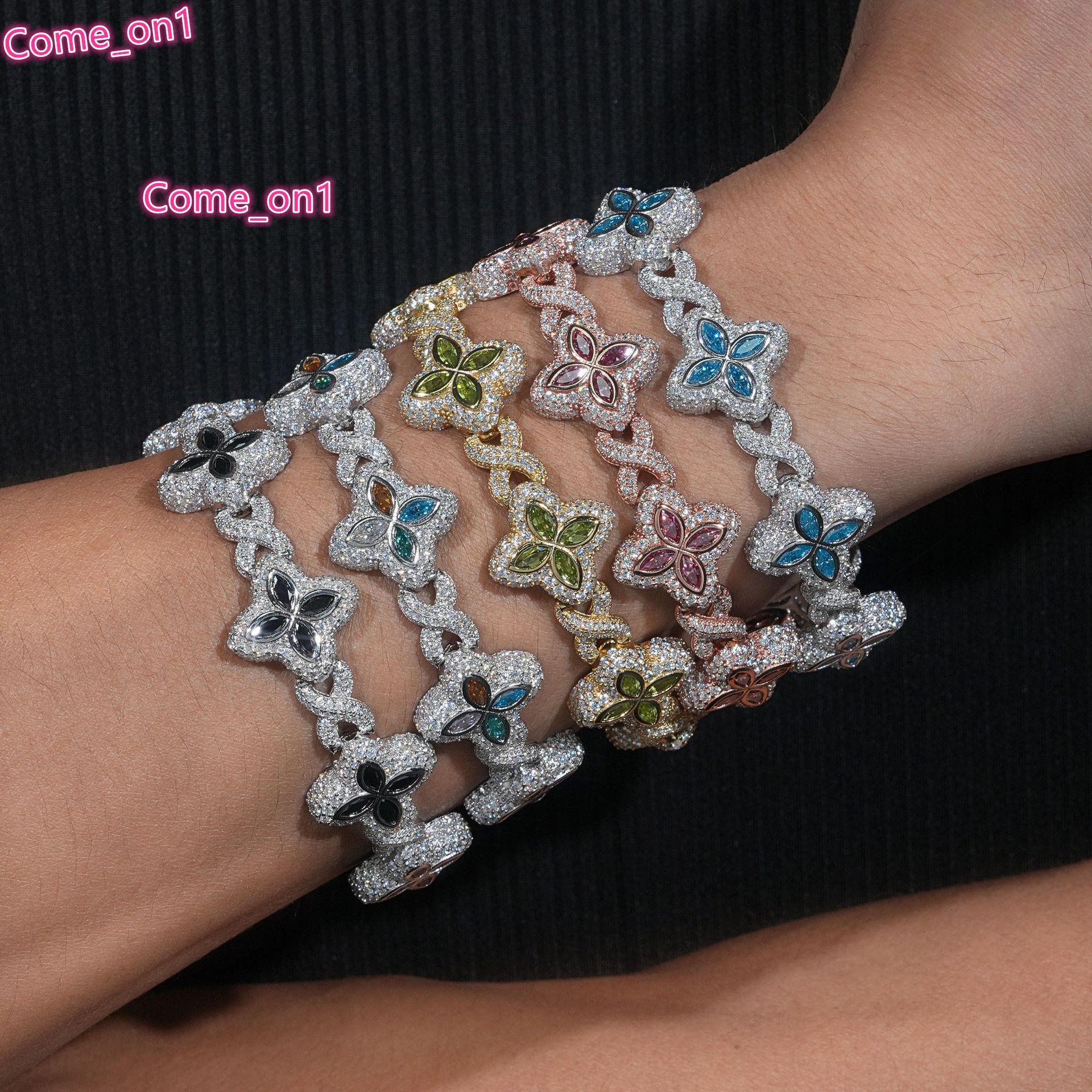 Hip Hop 19mm Four Clover Bracelet 18k Gold Plated Iced Out HFBH Blue Black Zircon Clover Bracelet Chain for Women and Women