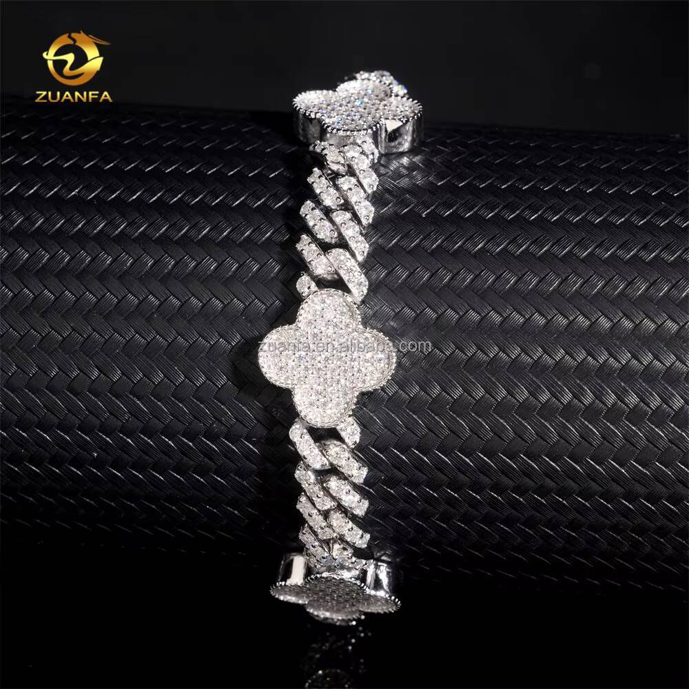 Bulk Stock Hot Selling Rapper Fashion Luxury Jewelry S925 Silver Iced Out Hip Hop Moissanite Clover Flower Cuban Bracelet