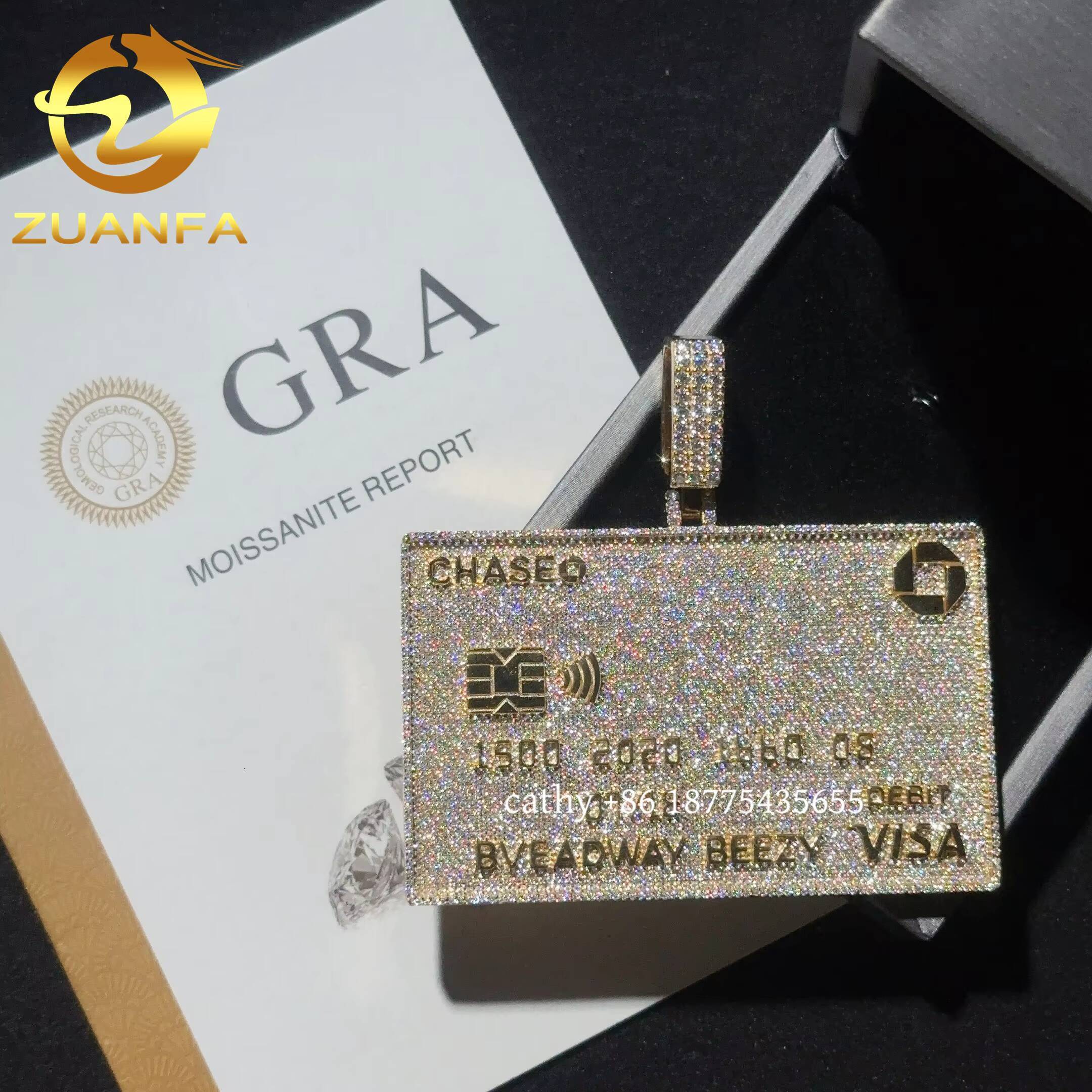 3inch Solid Credit Card Fully Iced Out Moissanite Diamond Pendant 925 Silver Big Bank Card Hip Hop Pendant for Chain