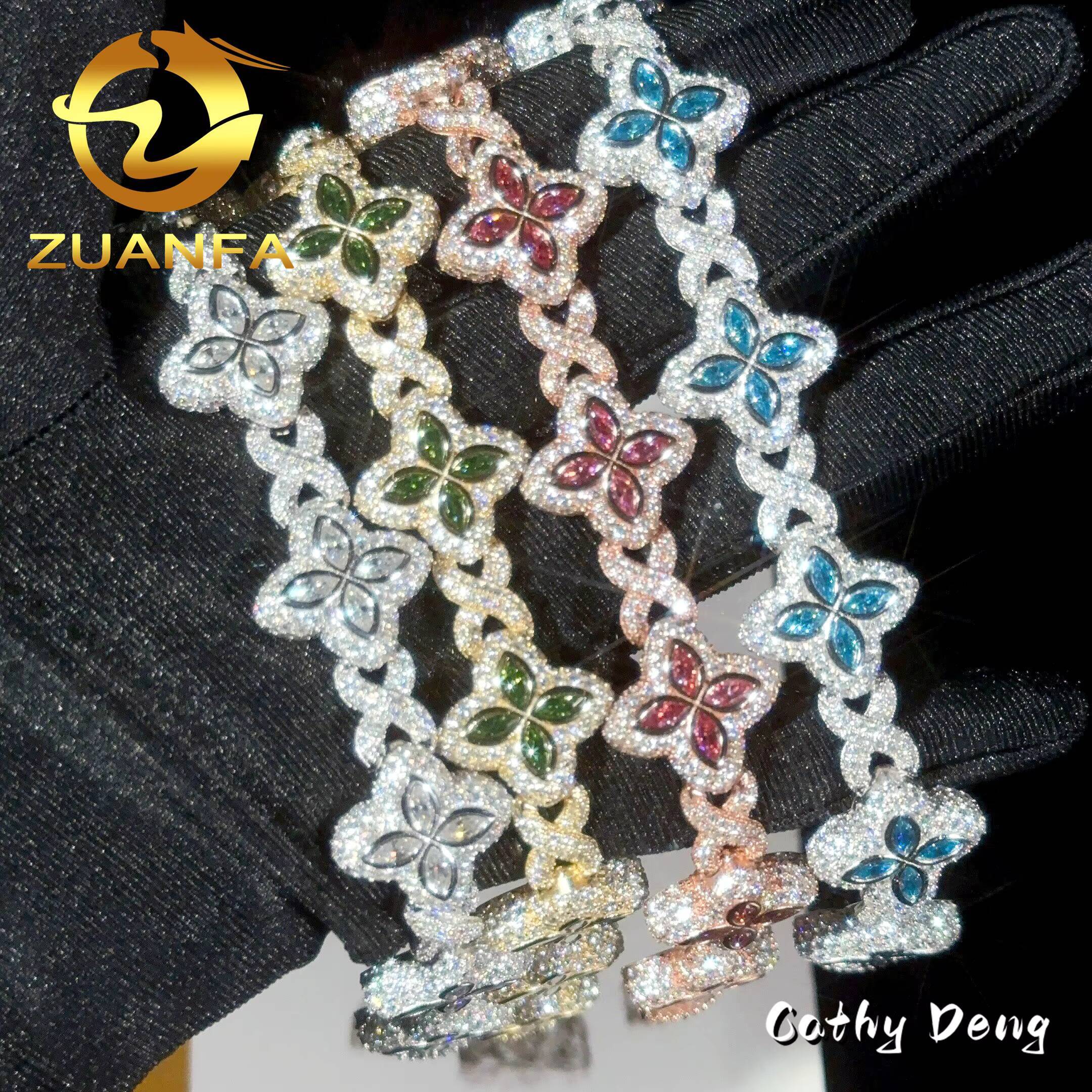 Color Natural Peridot With Moissanite Cuban Link Bracelet 18k White Gold Plated Moissanite Diamond High Quality Hip Hop Bracelet