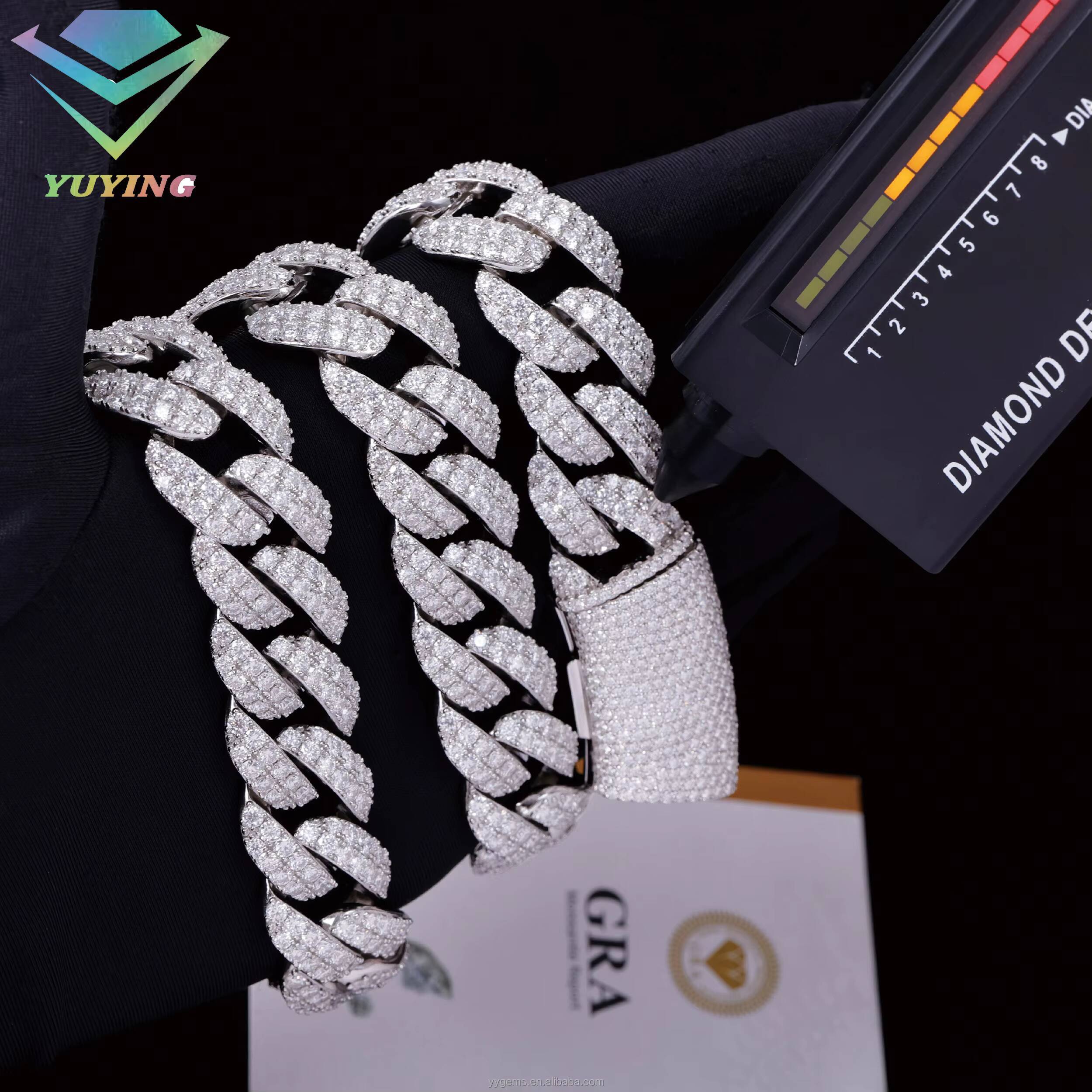 Full Ice Out Mossanite Cuban Chain 2rows 16mm 18mm 925 Sterling Silver Chain Hip Hop Necklace VVS Moissanite Cuban Link Chain