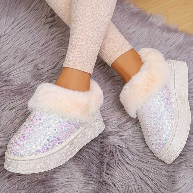 Fashion Bling Sequin Fur Snow Boots Women Comfy Slip On Thicken Plush Warm Winter Boots Woman Non Slip Faux Fur Ankle Booties L250905