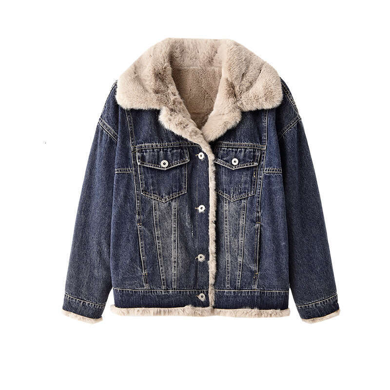 Thickened Furry Coat Short Fleece-Lined Women's Clothing Imitation Shearling Denim Jacket Winter New Style B5