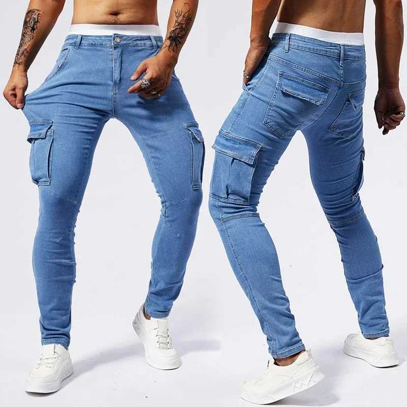 2025 New Men Street Elastic Denim Jeans Multi Pockets Cargo Pants Casual Slim Denim Trousers Fashion Y2k Joggers Baggy Man Pants W250905