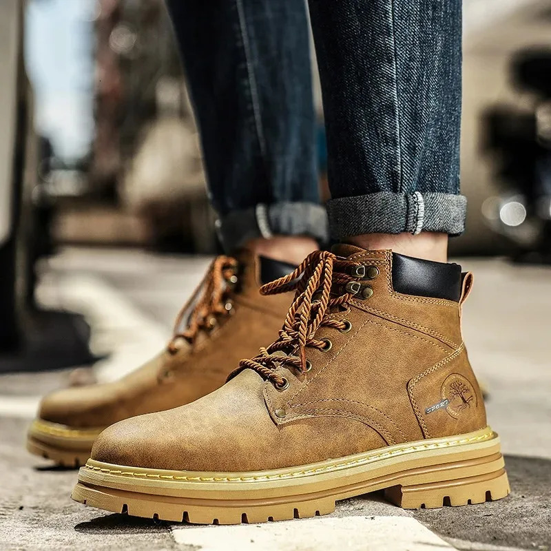 Men Ankle Boots Platform Leather 2025 Fashion Brown Laceup Boot High Top Comfortable Casual Shoes Nonslip Work 250905