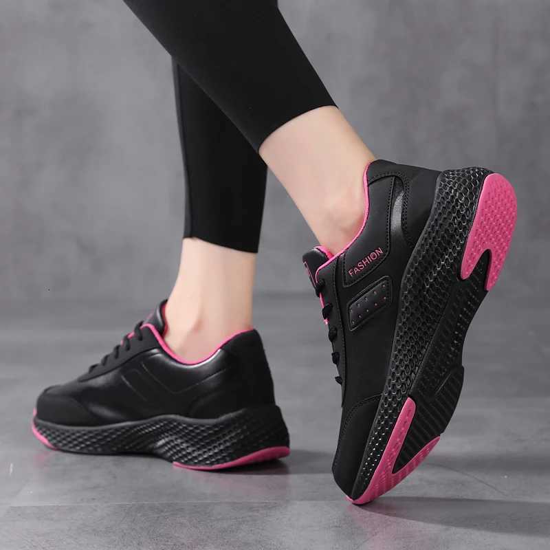 2024 Womens Leather Sneakers Casual Sneakers Lace Up Flats Lightweight Comfortable Black Antislip Running Shoes Outdoor Sports Z250905