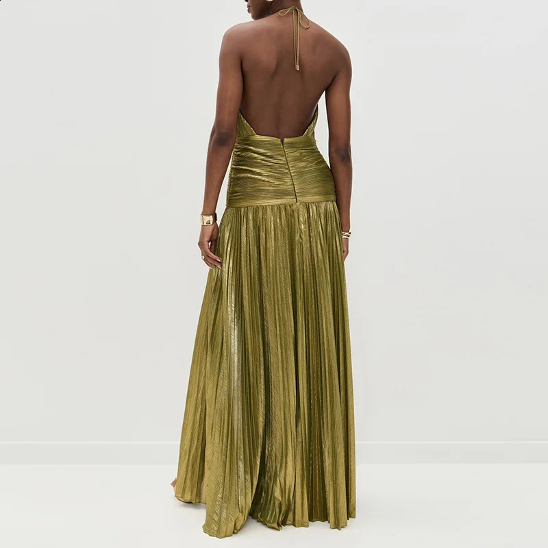 Gold Sexy Halter High Split Gowns Evening Dress Woman Chic Solid Hollow Pleated Long Dress Spring Summer Backless Zip Maxi Dress 250815