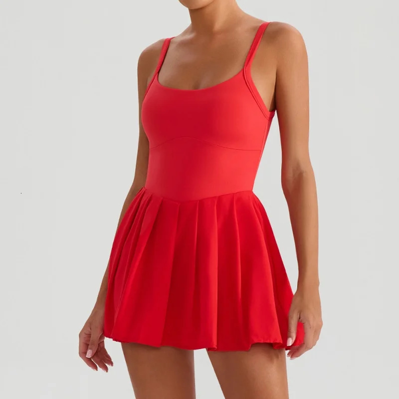 Womens Spaghetti Strap Tennis Dresses Red White Sleeveless Fake Two Piece Dress Gym Running Athletic Golf Yoga Workout Dress 250905