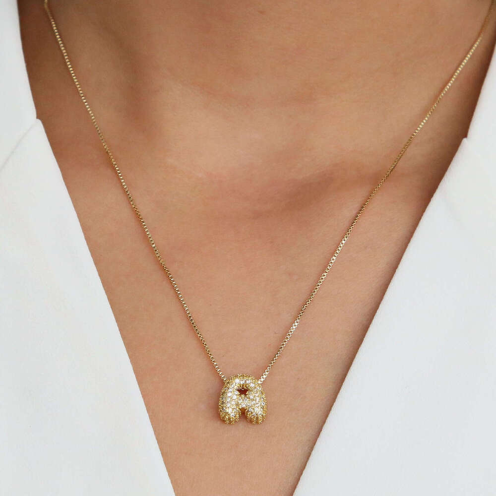 luxury jewelry New Necklace Real Gold Zircon Micro Pave Bubble Feel Balloon DIY English Name 26 Letters Pendant