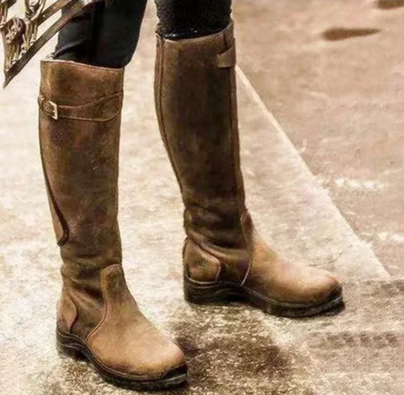 Women Boots 2023 Fashion Vintage Casual Solid Color Womens PU Retro Faux Leather Knee Length Midi Female Shoes 250904