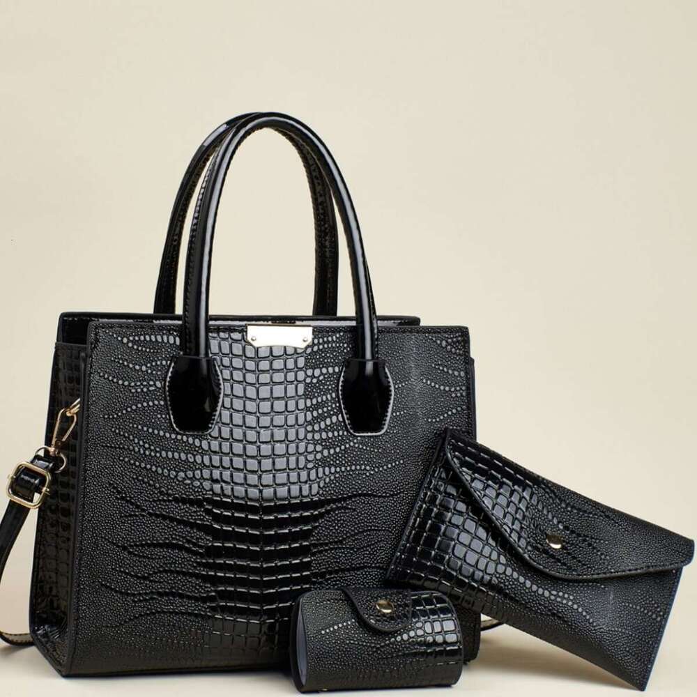 New Simple Lizard Texture Capacity Three-Piece Set Solid Color Versatile Stylish Women's Large Bag