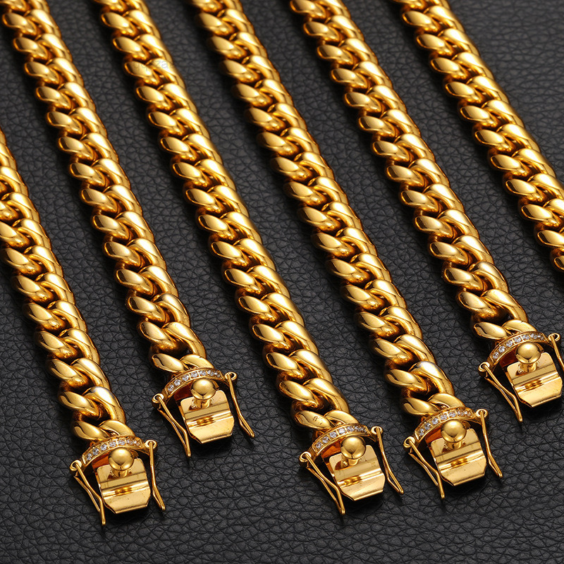 Wholesale High Quality 6mm 12mm Men Real 18k Gold Plated Stainless Steel Miami Cuban Link Chain Necklace