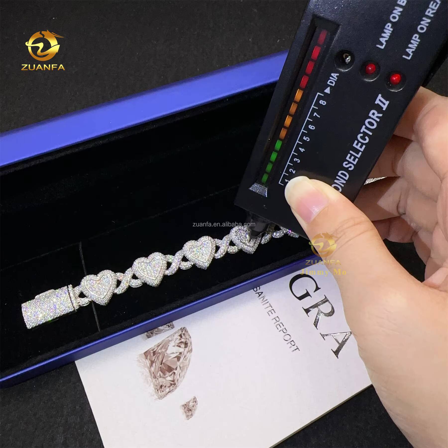 GRA Certificate Prong Setting Rhodium Plated White Iced Out Jewelry VVS1 Moissanite Diamond Heart Shape Hip Hop Cuban Bracelet