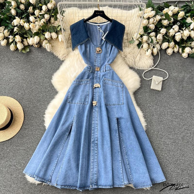 Casual Dresses Designer Denim Dress Women Long Single Breasted Big Turn-Down Collar Waist Slimming Temperament Split A-Line Vestidos Ddmydec