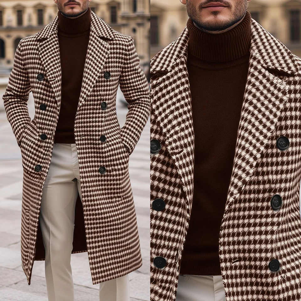 Vintage Plaid England Style Men Thick Overcoat Notched Lapel Casual Winter Windproof Warm Coat Wedding Groom Tuxedos Customized