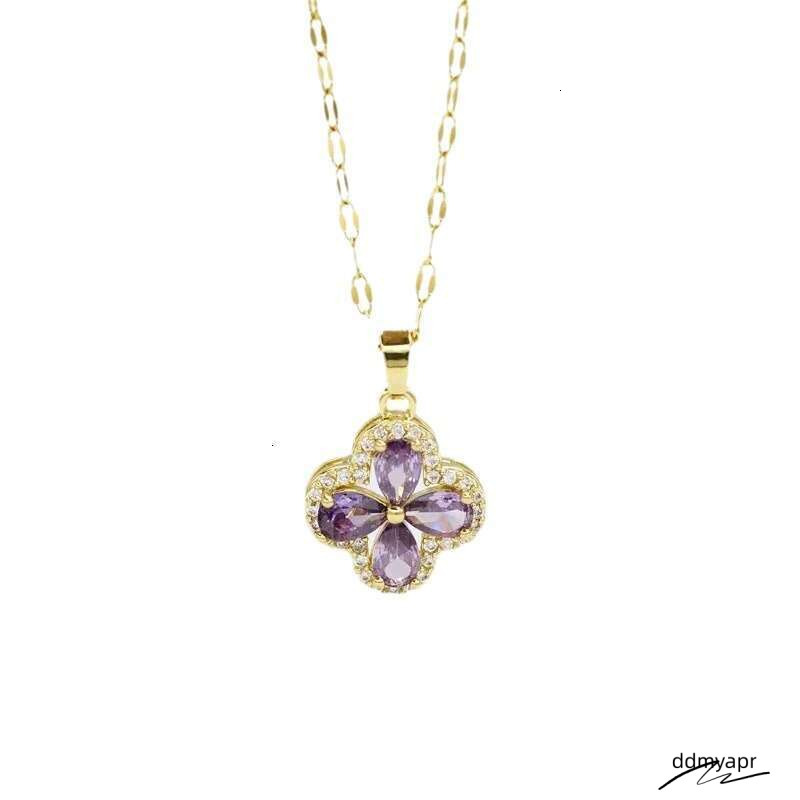 New Violet Four-Leaf Clover Necklace ddmyday Fashion Versatile Clavicle Chain For Women Light Design High-End Feel ddmyday ddmyday ddmyday