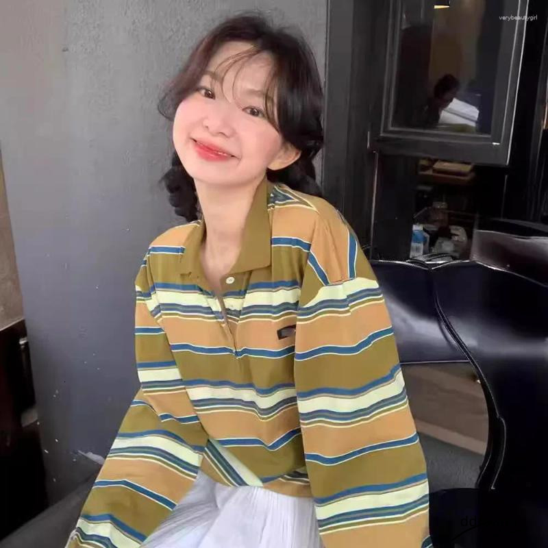 Women's T Shirts Spring And Summer Ddmydec Clothing Letter Embroidery Sticker Loose Striped Long Sleeved Polo Shirt Top Ddmydec Ddmydec Ddmydec