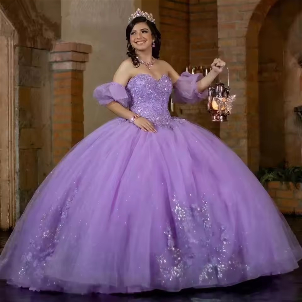 Ball Gown Quinceanera Dresses Lilac Glittering Tulle Appliques Lace-up Plus Size Customized Sweet 15 16 Princess Birthday Party Gowns Vestidos De 15 A