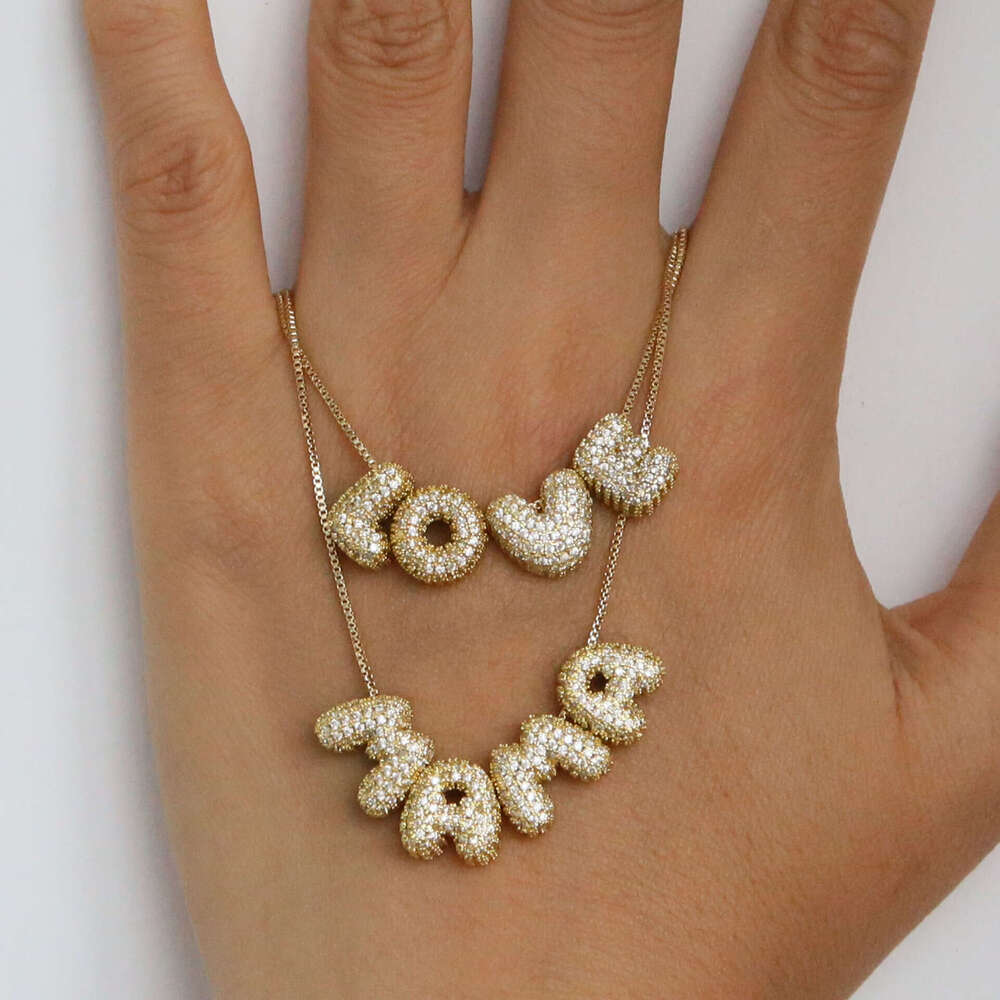 luxury jewelry New Necklace Real Gold Zircon Micro Pave Bubble Feel Balloon DIY English Name 26 Letters Pendant