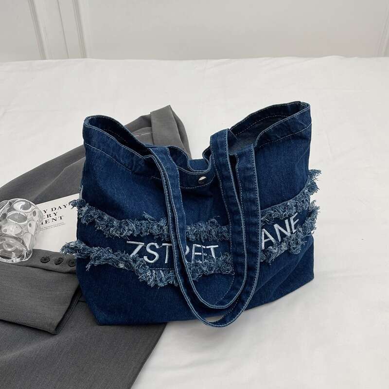 Letter Embroidery Designer Bags High-End Washed Denim 2025 New Korean Style Casual Mommy Tote Shoulder Bag Trendy
