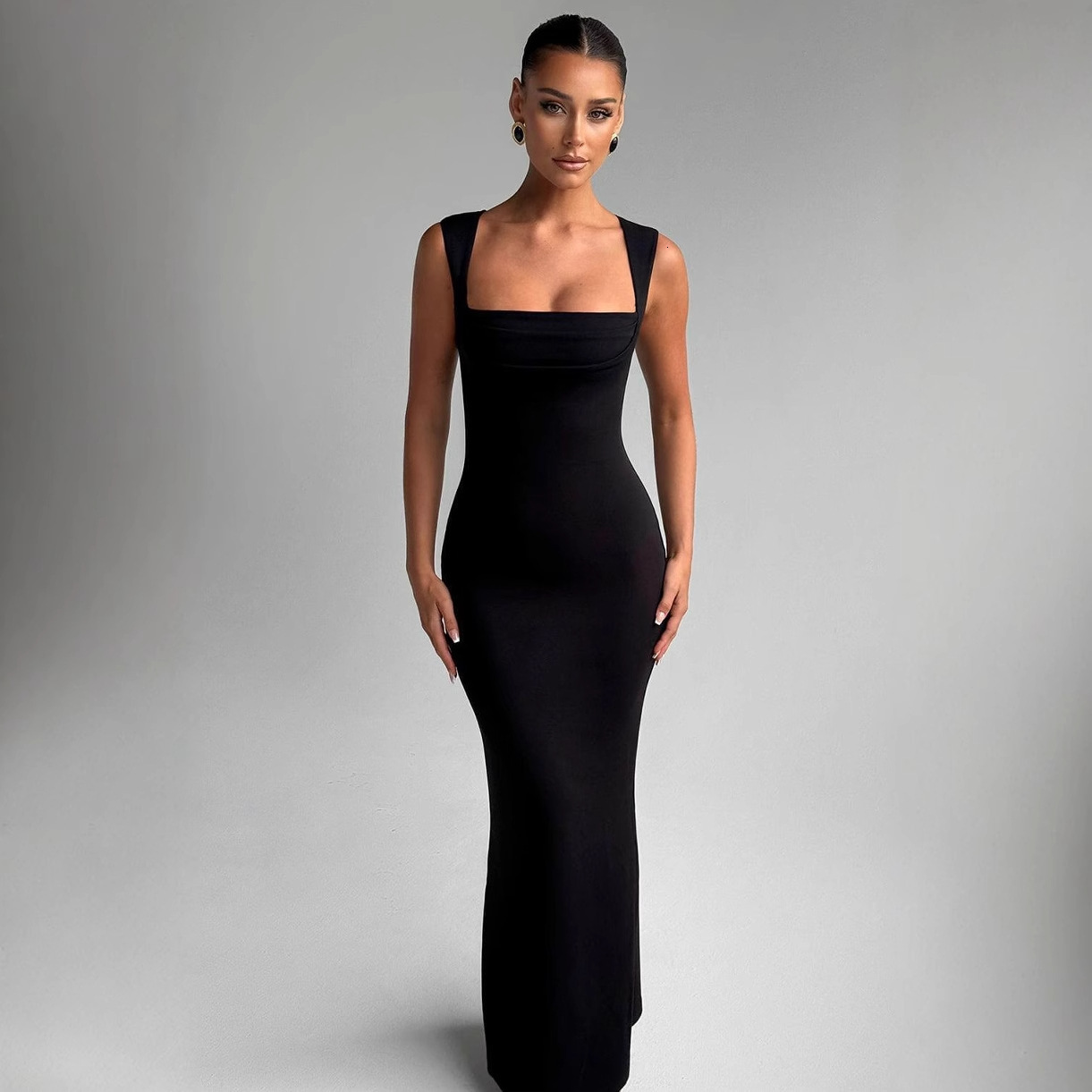 2025 New Sexy Square Neck Womens Summer Dress Slim Waist Solid Color Long Dress