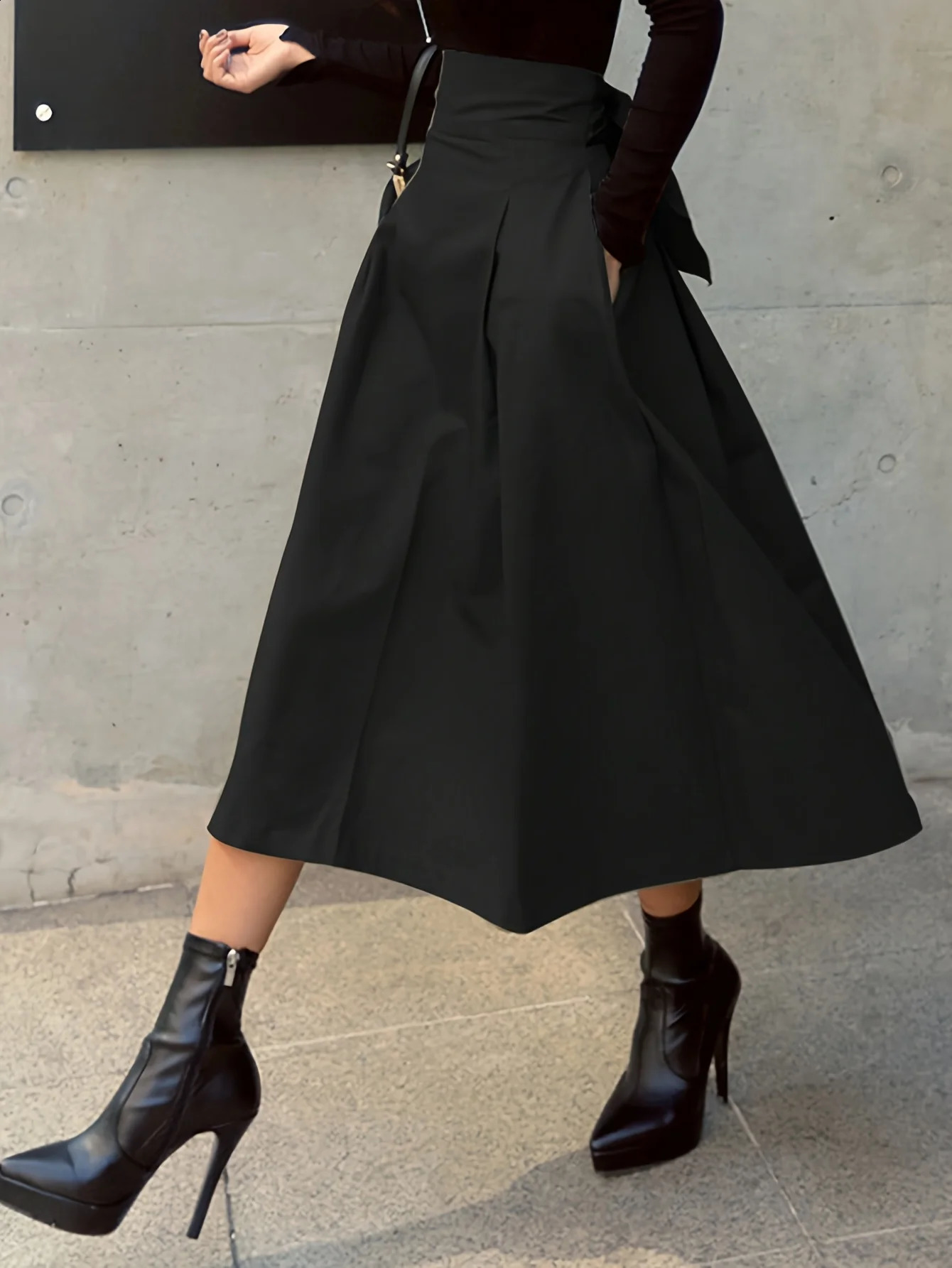 Stylish Solid Aline Skirts for Women Preppy School Style High Elastic Waist Long Skirt With Bow Woman Clothing Womens 250905