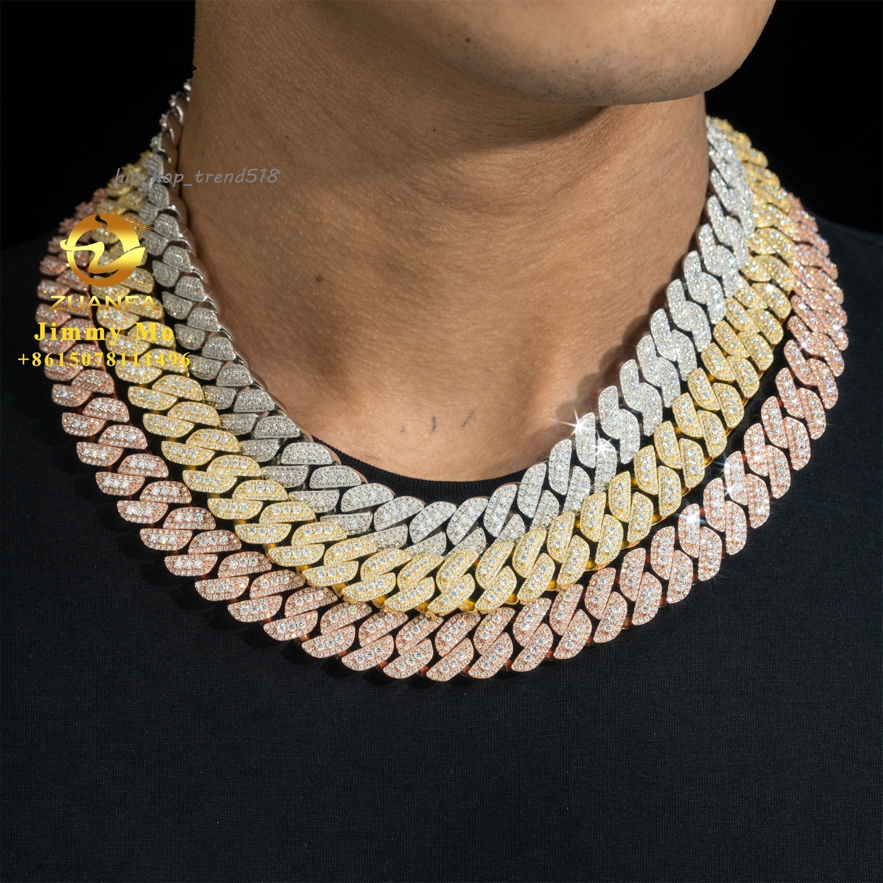 Bulk Stock Popular Pass Diamond Tester 925 Solid Silver 15mm Two Rows Iced Out Hip Hop VVS1 Moissanite Diamond Cuban Link Chain