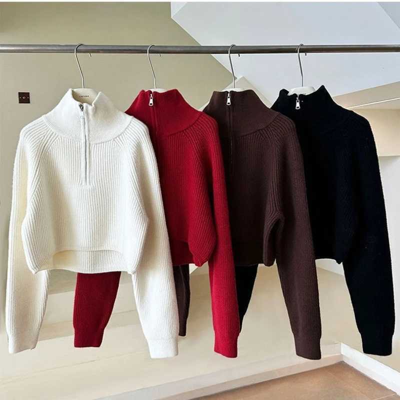 Fashion New Red Semi High Neck Long Sleeved Women Pullover Sweater Autumn Winter Zipper Loose High Waist Thick Short Knitted top Z250905