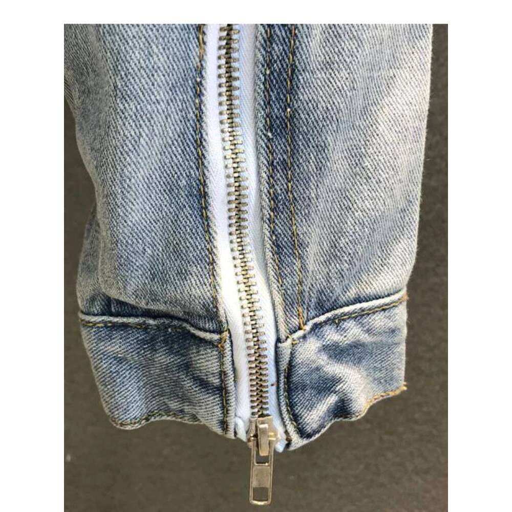 Vintage Distressed Denim Jacket Men's Angel Wings Embroidery Loose Fit Zip Cuff Ripped Elbow Korean Spring Fall Streetwear Coat