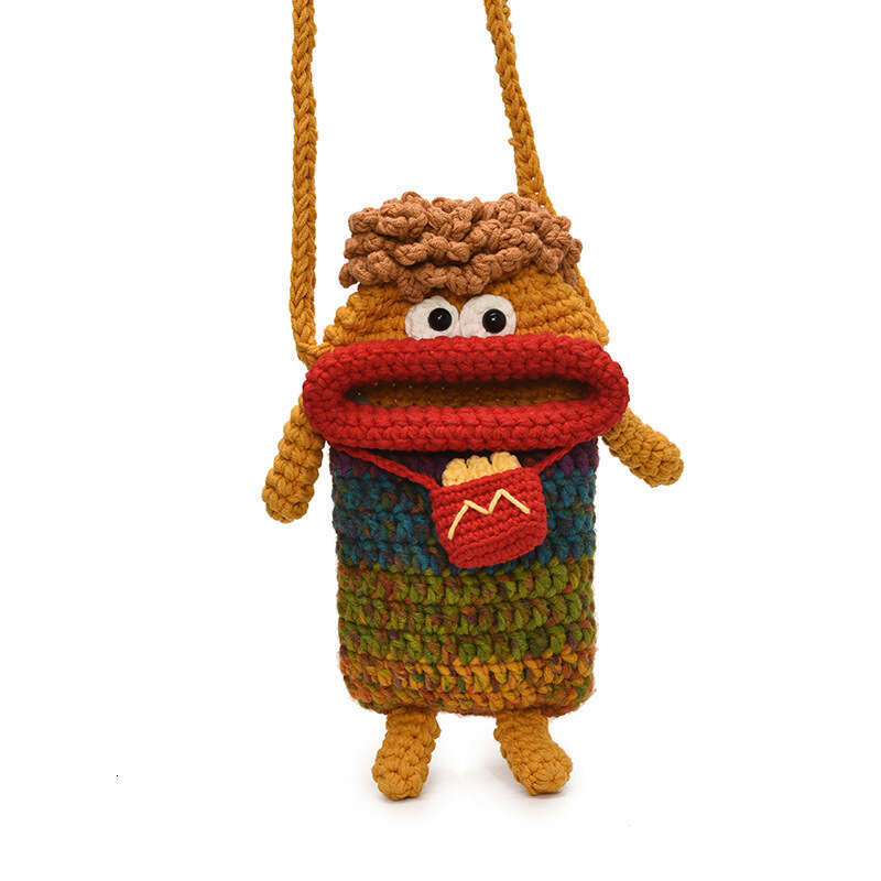 Crochet Yarn Sausage Mouth Phone Finished Handmade Knitted Cute Ugly Crossbody Bag for Women and Children Coin Purse