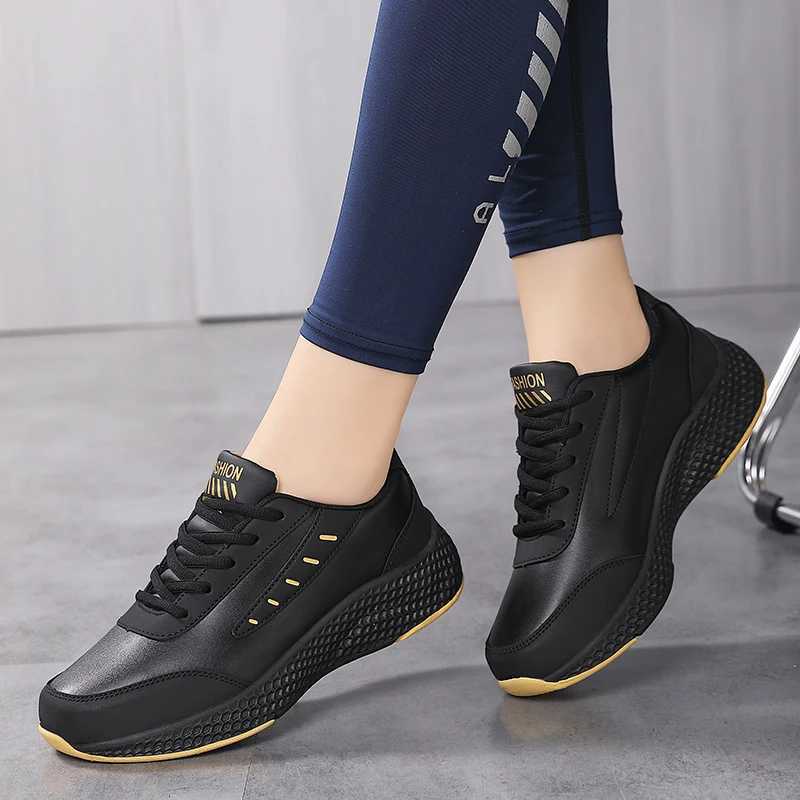 Womens Leather Sneakers Casual Sneakers Lace Up Flats Lightweight Comfortable Black Antislip Running Shoes Outdoor Sports Z250905