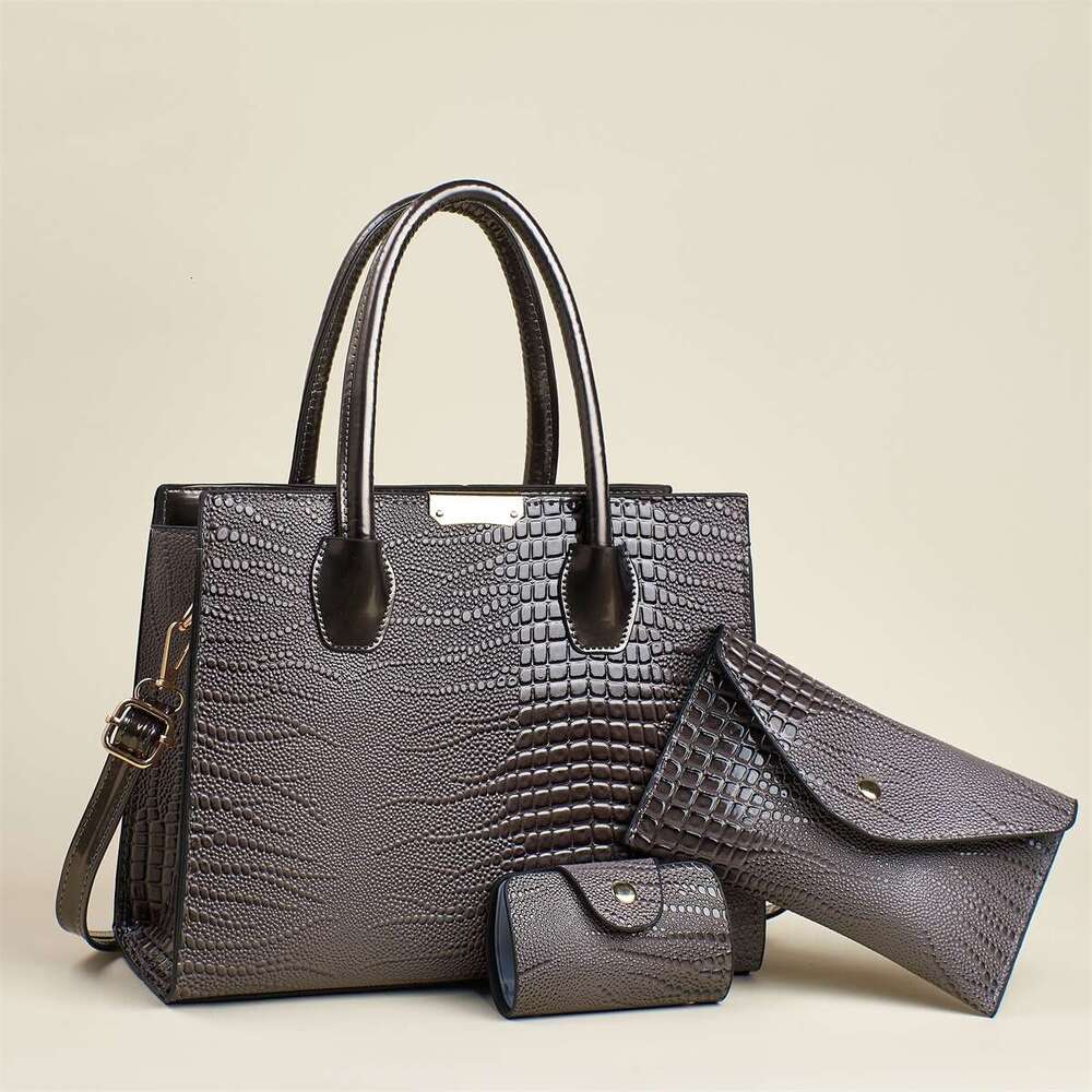New Simple Lizard Texture Capacity Three-Piece Set Solid Color Versatile Stylish Women's Large Bag