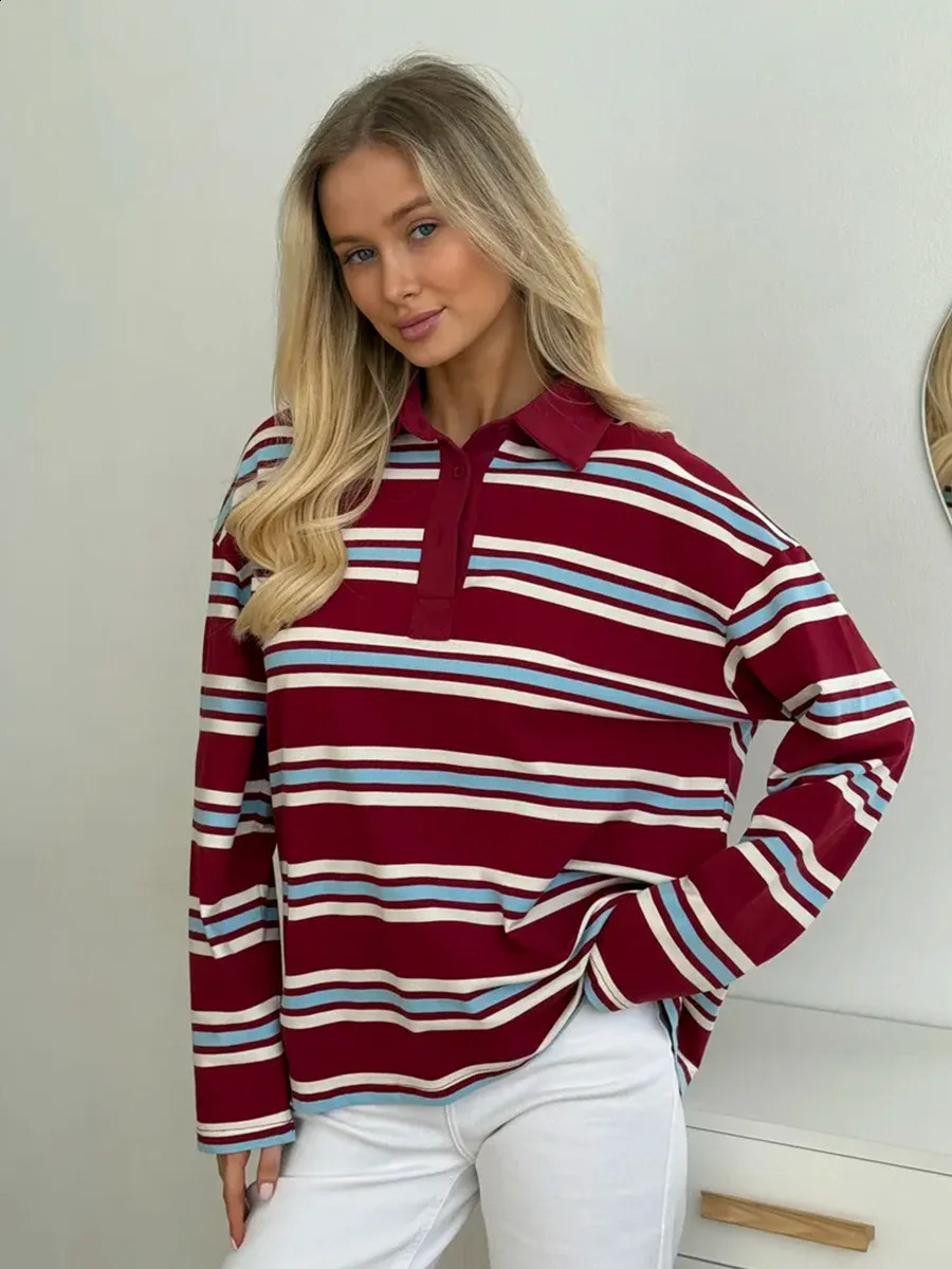 Blubelle Spring Summer Womens Retro Striped Polo Collar Oversized Long Sleeve T Shirt Trendy Casual Loose Basic Top 250905