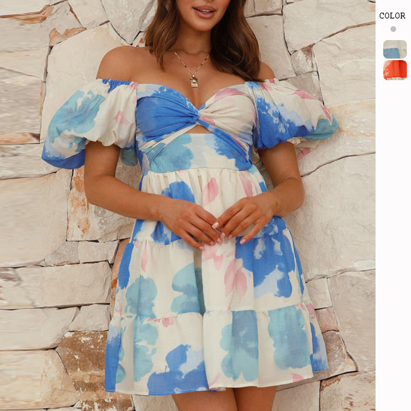 2025 Summer New Elegant Printed Hollow Vneck Puff Sleeve Short Dress for Women