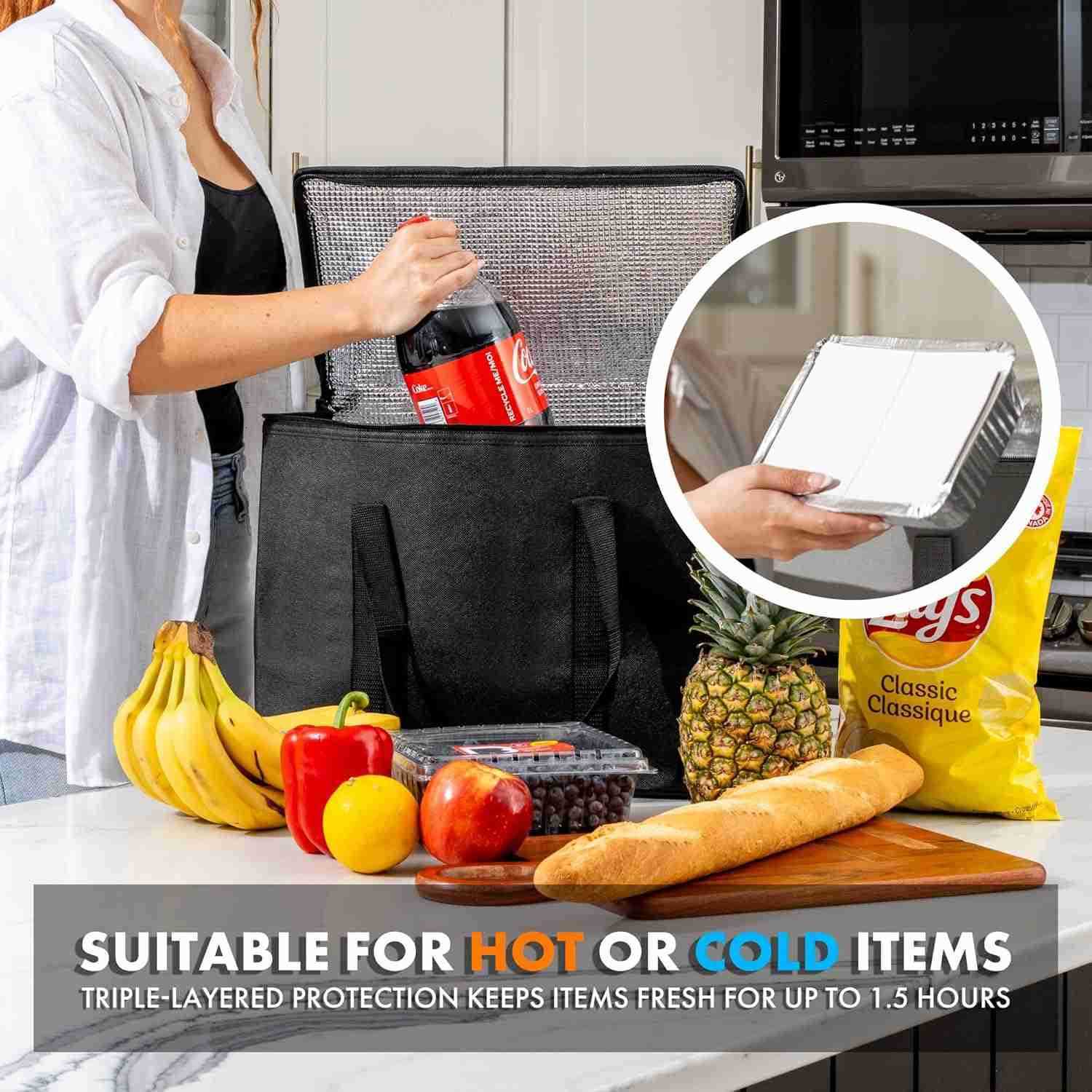 Reusable Grocery Bags Catering and Delivery Bag For Hot and Cold Food Collapsible Thermal Tote For Doordash and Uber Eats 1 Black wRed Trim M250904