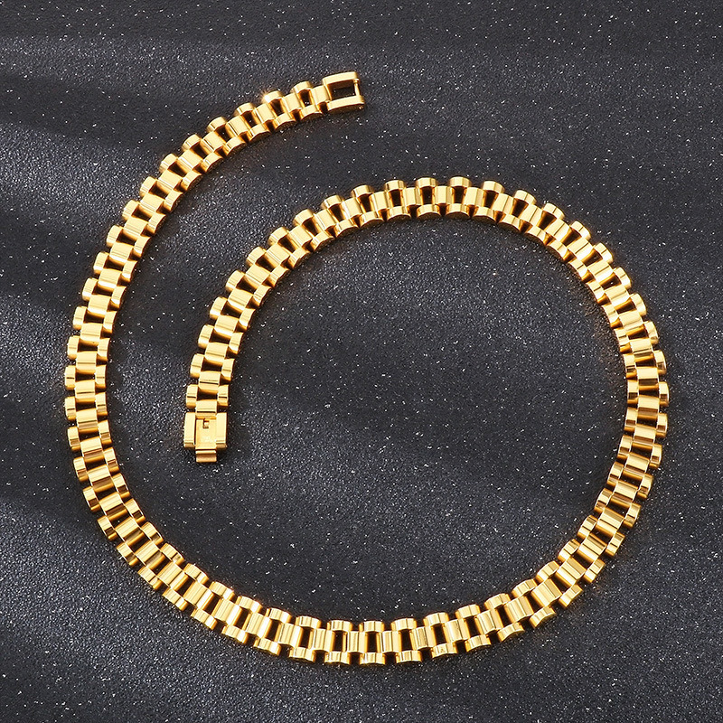 Hot Selling 12mm Gold Stainless Steel Watch Band Necklace Mens Fashionable Custom Jewelry with Strap Chain for Necklaces